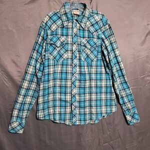 True Religion Shirt Mens 3XL Blue Plaid Western Pearl Snap Long Sleeve Casual